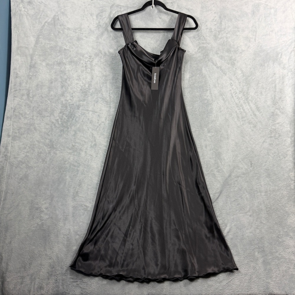 Bebe Womens Medium Black Satin Slinky Maxi Dress Cowl Neck Quiet Luxury Gown NWT